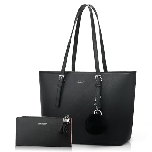 Handtasche Damen Set Schwarz Tasche Mit Geldbörse für Büro Schule Einkauf Handtasche Damen Groß Mit Quasten Damen und Pelz Kugel Plüsch Schlüsselring