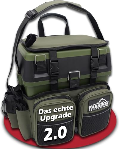 Paradox Fishing Multifunktions-Sitzkiepe I Angelrucksack I Angeltasche Angelkoffer mit Sitz Angelkoffer- viel Platz für Angelzubehör (schwarz/grün)