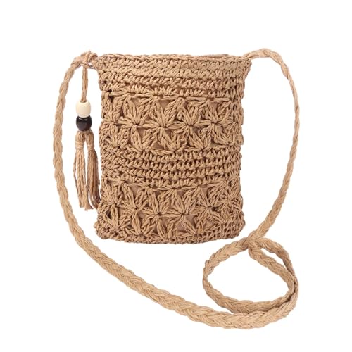 Moorle Strohtasche Damen, Strohtaschen Damen Boho Stil, Stroh Umhängetasche mit Quaste, Stroh Handtasche Crossbody Tasche für Sommer Urlaub Strand Reisen Khaki