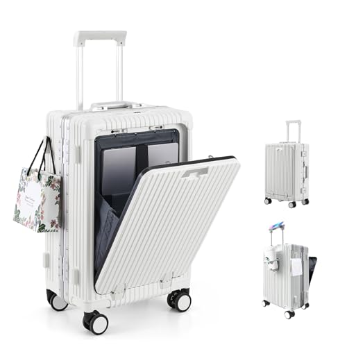 LANMOU Handgepäck Koffer, 20 Zoll Hartschalen-Koffer, Alu-Rahmen, PC Reisekoffer mit 4 Rollen, TSA, USB-Anschluss & Cup Holder, Trolley Handgepäck mit 3-Stelliges Codeschloss, 56cm, Weiß