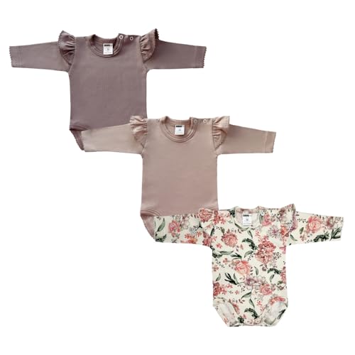 MEA BABY Unisex Baby Langarm Body im 3er Pack, Baby Body mit Aufdruck, Baby Langarmbody mit Rüschen für Mädchen und Jungen (62, Mädchen 6)