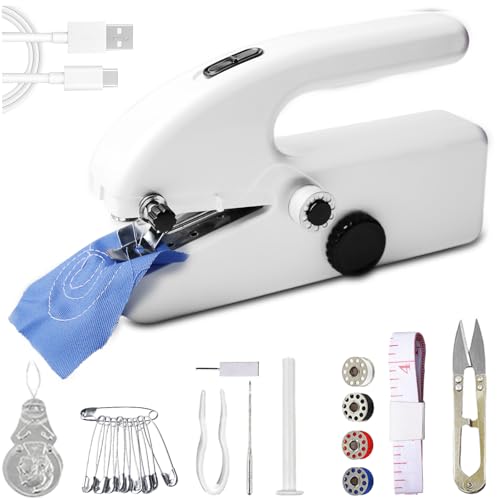 Mini Nähmaschine Elektrisch, Handnähmaschine mit Nähzubehör Tragbare Handliche Nähmaschine, 2 Modi, USB/Batteriebetrieb für Kleidung Vorhänge Leder DIY für Anfänger & Schnellreparaturen(Weiß)