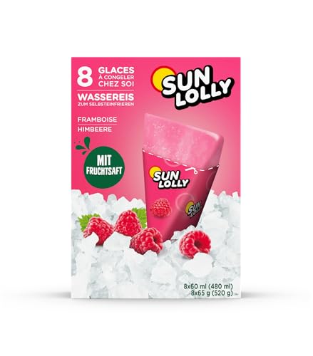 Sun Lolly Wassereis Himbeere 8 Stk | Mit Fruchtsaft | Zum Selbsteinfrieren | Ohne künstliche Aromen | Frei von Süßungsmittel | Laktosefrei | Glutenfrei | 8 x 60ml