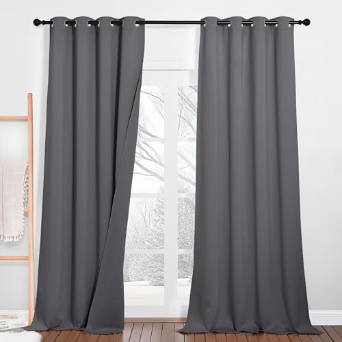 PONY DANCE Schallschutz Vorhang mit Abnehmbarem Filzfutter 2er Set H 240 x B 132 cm Grau, Dreilagige Vorhänge Kälteschutz Verdunklungsvorhänge mit Ösen Dicke und Schwere Gardinen