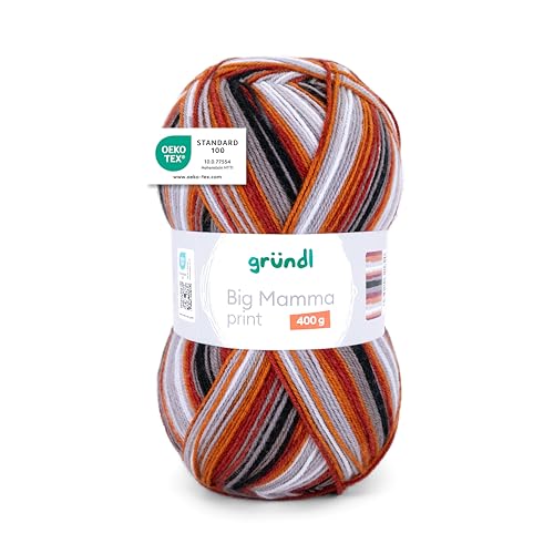 Gründl Wolle Big Mamma Print - XXL Wolle zum Stricken mit Farbverlauf - Weich und hautfreundlich - 100% Polyacryl - 1 Knäuel 400 g / 1040 m - Nadelstärke 3,5-4,5 - kürbis-feuerrot-hellgrau