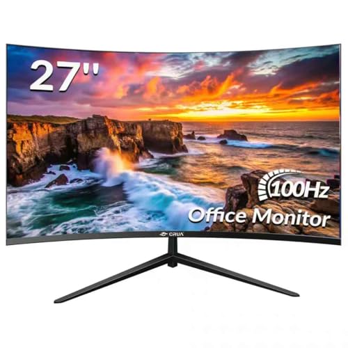 CRUA 27 inch Curved Monitor with 1K 1920x1080|100Hz Computer Screen 27 inch FHD with HDMI,VGA and Wall Mountable|1080P Frameless Eye Care PC Office Display for Working and Gaming