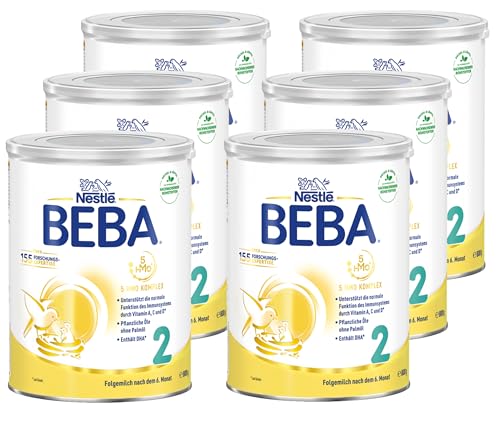 BEBA 2 - Folgemilch nach dem 6. Monat, Mit 5 HMO Komplex, Altersgerecht angepasster Proteingehalt, Nur Laktose, Ohne Palmöl, Ohne Fischöl, Babynahrung, Baby-Milchpulver, 6er Pack (6 x 800g)
