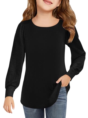 Haloumoning Mädchen Langarmshirt Rundhals Puffärmel T-Shirt Kinder Einfarbig Niedlich Freizeit Shirts Mode Basic Oberteile 5-14 Jahre, Schwarz, 5-6 Jahre