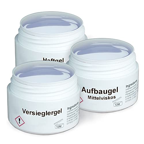 GS-Nails UV Gel-Set - 3X 15ml Nagel-Gel für Nail-Art & Nagel-Design - Haft-Gel, mittelviskoses Aufbau-Gel, Versiegelungs-Gel - 45ml