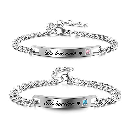 Zysta Verstellbar Pärchen Armband mit Gravur Zirkonia Paar Armbänder aus Edelstahl Geschenk für Damen Herren (Du bist mein, Ich bin dein)