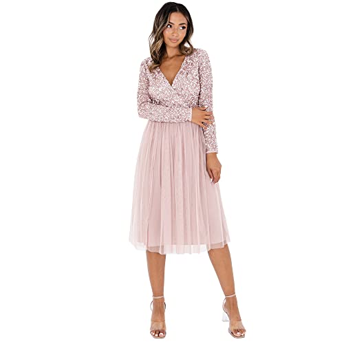Maya Deluxe Damen Maya Deluxe Midi Elegant Wedding Sleeves Deep V Neck Sequins Cocktail Prom Bridesmaid Dress, Frosted Pink, 42 EU