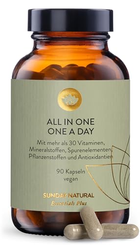 SUNDAY NATURAL® Multivitamin Komplex - All in One – Premium Rundum-Versorgung mit nur 1 Kapsel: 30 A-Z Vitamine, Mikronährstoffe – 90 vegane Vitamin Kapseln - Laborgeprüft und Ohne weitere Zusätze
