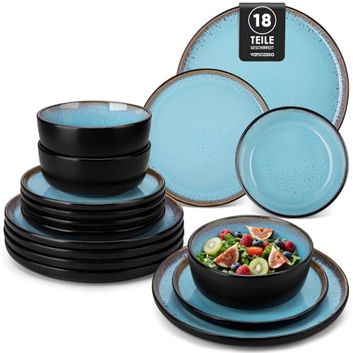 Geschirrset 6 Personen, vancasso AMBER Steingut Geschirr Set Handmade, Teller Set 6 Pers 18tlg, Tafelservice mit Speiseteller, Dessertteller, Schüssel, Reaktive Glasur, Spülmaschinenfest, Seeblau