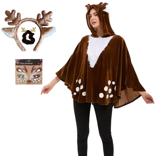 JadeLink Reh Kostüm Damen, Karneval Kostüm Reh mit Poncho, Haarreif, Gesichtstattoo und Haargummis, Faschingskostüm Rentier Tier Kostüm Erwachsene für Karneval, Weihnachten, Halloween