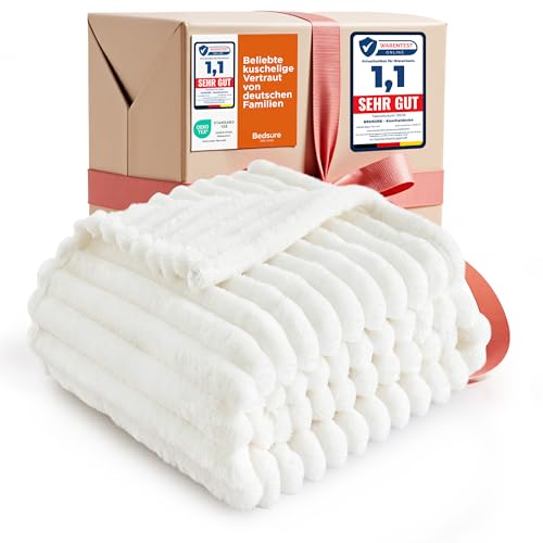 BEDSURE Kuscheldecke Flauschig - Wolldecke & Fleecedecke, Sofadecke, Weiche Warme Grobe Korddecke Gemütlicher Überwurf für Zimmer Deko, Wohn- & Kuscheldecken, Tagesdecke, Wollweiß, 130 x 170 cm