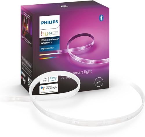 Philips Hue White & Color Ambiance Lightstrip Plus Basis-Set V4 (2 m), dimmbarer LED Streifen für das Hue Lichtsystem mit 16 Mio. Farben, smarte Lichtsteuerung über Sprache oder App