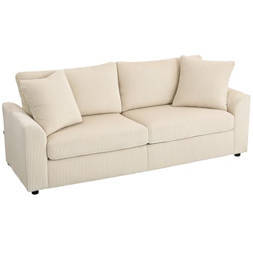 HOMCOM 3-Sitzer-Sofa, Couch mit Armlehnen, Zierkissen, Polstersofa mit Cordbezug, dick gepolstert, Loungesofa, bis 450 kg belastbar, für Wohnzimmer, Schlafzimmer, 212 x 80 x 88 cm, Cremeweiß