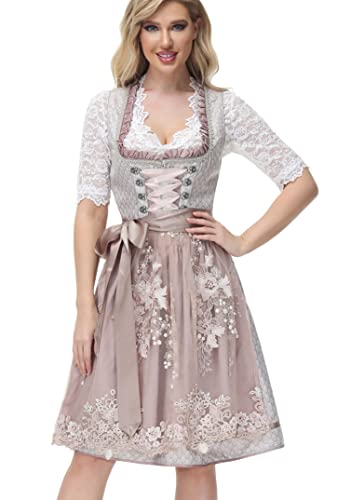 TrendiMax Trachten Damen Dirndl Midi Dirndlkleid Tachtenkleid für Oktoberfest mit Spitzenschürze, Altrosa,38