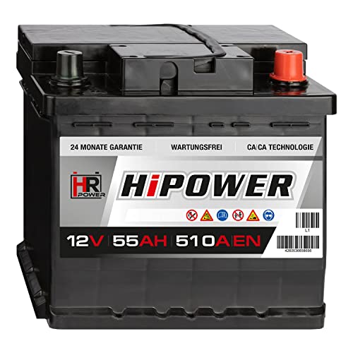 HR HiPower Autobatterie 12V 55Ah 510A/EN Starterbatterie ersetzt 44Ah 45Ah 46Ah 50Ah 60Ah 62Ah