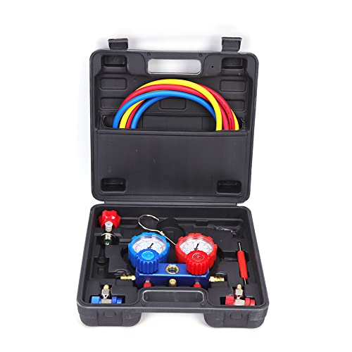 LENJKYYO Krümmer Manometer Set 2-Wege Klimaanlage Monteurhilfe R134a Klimaanlage Kältemittel Manifold Messgerät Klimaanlagen A/C Vakuumpumpe Manometersatz mit einem Hochleistungshaken