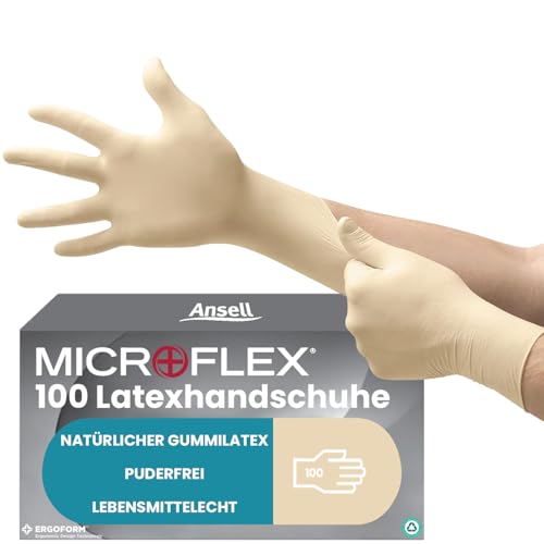 Ansell Microflex 63-864, Einmalhandschuhe mit Texturierten Fingerspitzen, Latexhandschuhe industriegeeignet, Lebensmittelhandschuhe zertifiziert, Arbeitshandschuhe, Einweghandschuhe, 100 Stück, Gr. M