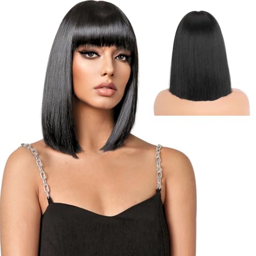 KEYRI Perücke Schwarz für Damen, 12 Zoll Gerade Bob Mit Flat Pony Kurze Gerade Perücken Bob Perücke Synthetische Perücken Kurzhaarperücke für Frauen Karneval Fasching Cosplay Party Tägliche