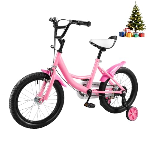 HUOMMGS Kinderfahrrad 16 Zoll Kinder Fahrrad für ab 5-8 Jahre Upgraded Jugend Fahrrad Kinderfahrrad mit Stützrädern Höhenverstellbar Anfänger Fahrrads für 100–135 cm Jungen & Mädchen (Rosa)