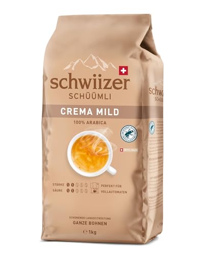 Schwiizer Schüümli Crema Mild, 100% edle Arabica Kaffeebohnen, harmonisch-sanft, ideal für Vollautomaten, Stärke 2/5, helle Röstung, Rainforest Alliance, 1kg