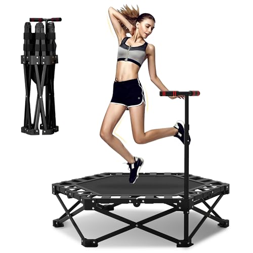 Fitness Trampolin Indoor für Zuhause,106cm Mini Trampolin mit Höhenverstellbaren Haltestangen, Belastbarkeit 200kg, für Fitness und Aerobic Training Geeignet, Faltbar und Tragbar