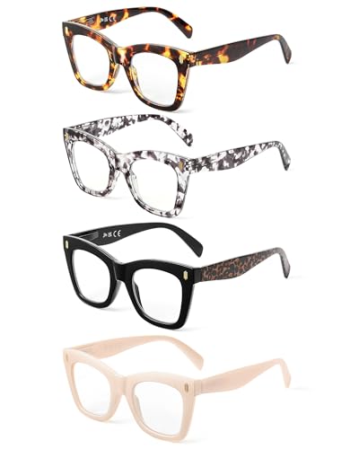 JM 4 Pack Übergroße Lesebrille für Damen Herren, Mode Quadratische Blaulichtfilter Brille mit Sehstärke +3.0