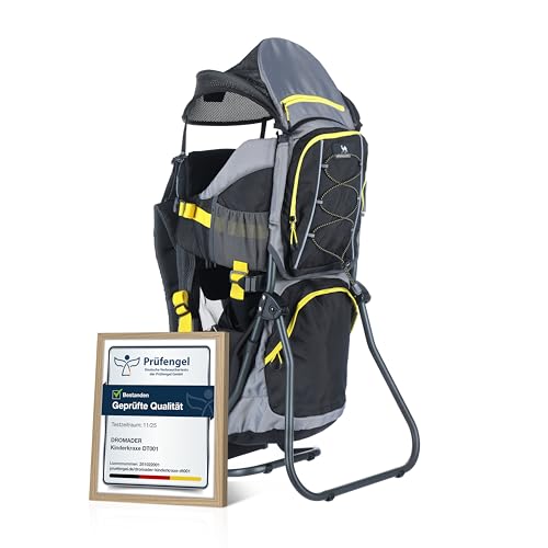Dromader Kraxe Kindertrage bis 22kg - Baby Rückentrage Wandern mit Sonnendach Regenschutz - Babytrage Outdoor Trekking mit Thermotasche Wickelmatte - Einhändig klappbarer Aluminiumrahmen Schwarz Gelb