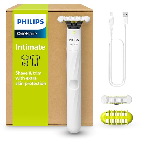 Philips OneBlade Intimate - Elektrischer Intimrasierer und Intimtrimmer für Damen und Herren, mit extra Hautschutz, 2x SkinProtect Klingen, 1x 3-mm-Trimmaufsatz, QP1924/30, Weiß