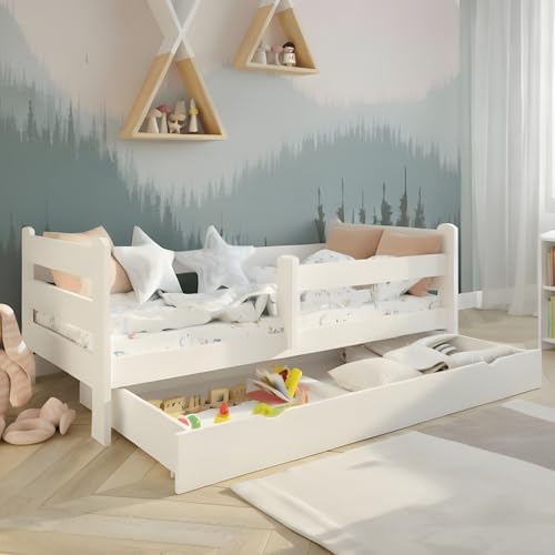 Kids Collective Kinderbett 80x160 cm Kinder Bett Jugendbett Juniorbett | Mit Rausfallschutz & Schublade | Stabiles Kiefernholz | 80×160 cm von 3. bis 10. Lebensjahr | Weiß