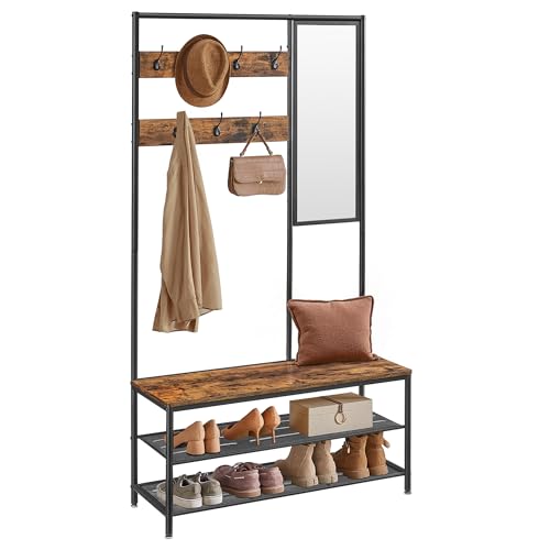 VASAGLE Kleiderständer, Garderobe, Garderobenständer mit Haken, Spiegel, Sitzbank, 35 x 98 x 180 cm, für Eingangsbereich, Schlafzimmer, Wohnzimmer, Industrie-Design, vintagebraun- schwarz HSR415B01