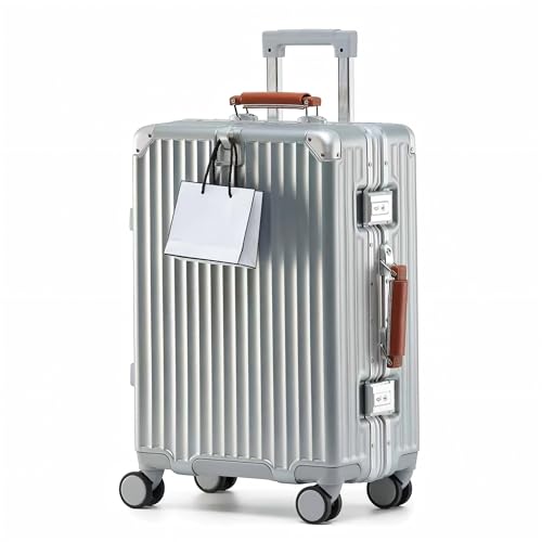 yuweijie Koffer Handgepäck, Koffer & Trolleys - Robuster Alu-Rahmen Suitcase für Reisen, 4 Rollen, TSA Schloss, Silber mit braunem Ledergriff, S-58cm