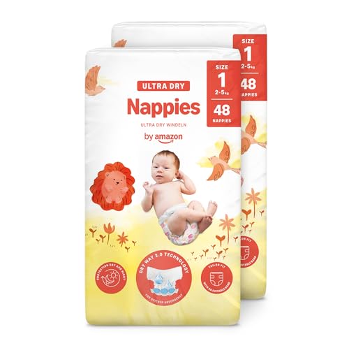 By Amazon Ultra Dry Windeln Größe 1 (2-5 kg) - MONATSBOX, Weiß, 96 Stück (2 Packungen mit 48) (Früher Unter Der Marke Mama Bear, Identisches Produkt)