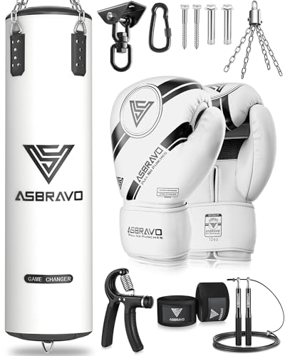 ASBRAVO Boxsack für Erwachsene, 4ft PU schweren Boxsack Set 12OZ Handschuhe für MMA Muay Thai Kickboxen Training Home Gym, Kampfsport (ungefüllt)-Weiß