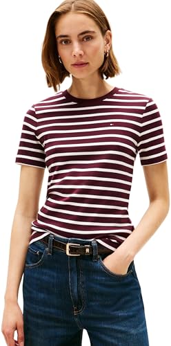 Tommy Hilfiger Damen T-Shirt Kurzarm Slim Cody Rundhalsausschnitt, Mehrfarbig (Deep Burgundy/Ecru STP), L