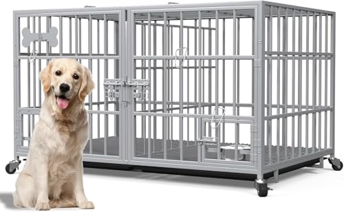 Hundekäfig, Hundebox mit Bodenschale, Hundekäfig mit Trennwand, Hundegitterbox mit 2 Türen und Tablett, 2 in 1 Doppelbox Hundegitterbox für Große und mittlere Hunde, 120 x 73 x 68 cm, Silbrig
