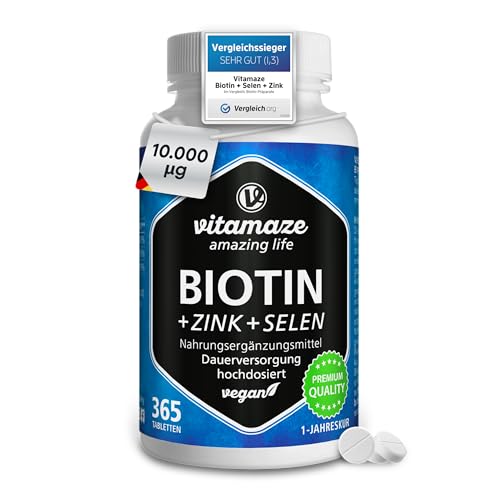 Biotin hochdosiert 10.000 mcg + Selen + Zink für Haarwuchs, Haut & Nägel, 365 vegane Tabletten für 1 Jahr, Nahrungsergänzung ohne Zusatzstoffe, Made in Germany
