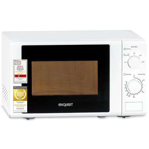 Exquisit Mikrowelle | 20 l Garraum, 700 W Ausgangsleistung, 5 Leistungsstufen, Standgerät | Auftaufunktion, manuelle Steuerung, mechanische Zeitschaltuhr, Glas-Drehteller | MW 802