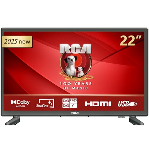 RCA E22 TV 22 Zoll 1080p LED Mini Fernseher 56cm Full HD Dolby Audio Triple Tuner (DVB-C/-S2/-T2) VGA/HDMI/USB Hotelmodus [2025] [Energieklasse E]