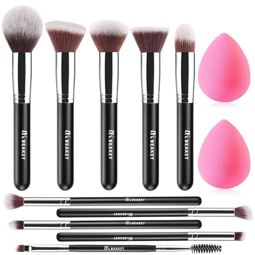 BEAKEY Pinselset Makeup Professionelles Foundation Make up Pinsel Set Premium Puderpinsel Lidschatten Blush Schminkpinsel Set Beauty Schwamm und Bürsteswaschener mit Eiform (10+2 Stück, Silber)
