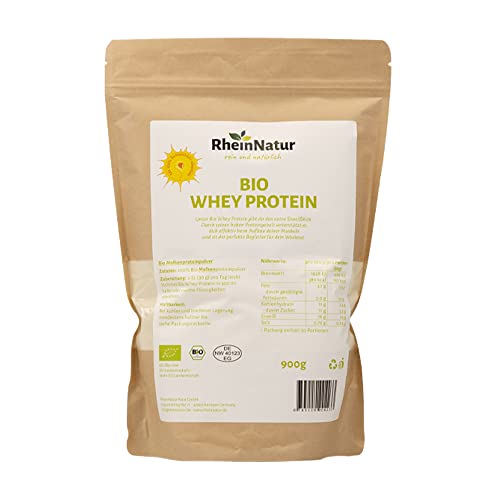 RheinNatur Bio Whey Protein-Pulver 900 g - Geschmacksneutrales Eiweißpulver ohne Zusatzstoffe & ohne Soja - 100 % reines Bio Molke-Protein für Proteinshakes
