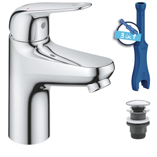 GROHE Swift, Waschtischarmatur, wassersparend (Wasserhahn für das Bad, Badarmatur mit Pop-Up Ablauf, 16cm hoch, mit 3in1 Werkzeug, einfache Installation am Waschbecken), chrom, 24318001