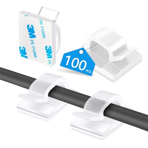 Abnii 100 Stück Kabelhalter Selbstklebend, Kabelclips Schreibtisch für Kabelklemmen Kabelbefestigung Kabelführung Organizer Haken Draht Halter für Kabelmanagement Lichterkette, Groß 3M Kleber