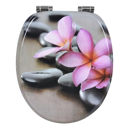 WOLTU Toilettendeckel O-Form aus MDF, mit Absenkautomatik, leicht zu reinigen, Blumenmotiv Grau