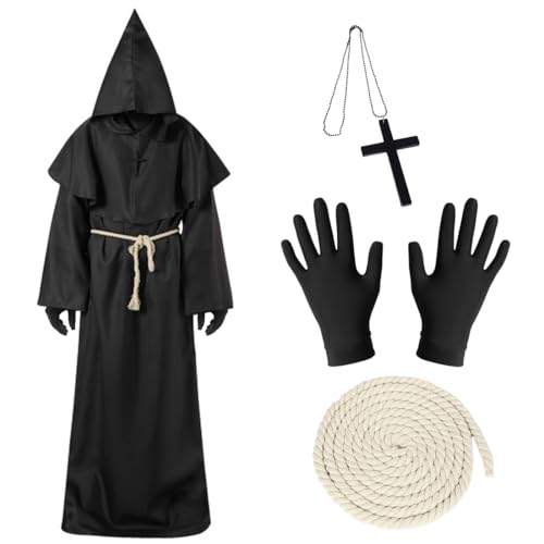Mönch Robe, XXL-Größe Mittelalter Renaissance Robe, Herren Kapuze Mönch Kostüm, Priester Robe mit Kordel Handschuhe Kreuz, Schwarz Männer Prister Gewand Kostüm für Halloween Karneval Fasching Cosplay