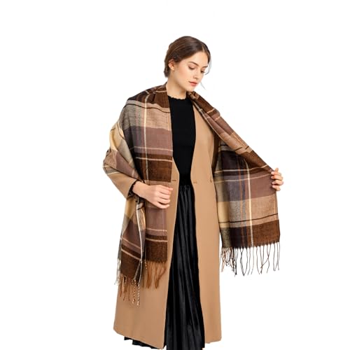 Miss Lulu Damen Schal Winter, weich warm kariert Oversized, Schottenkaro Wolle, lange gedrehte Fransen Stola, Deckenschal für Damen (Braun)