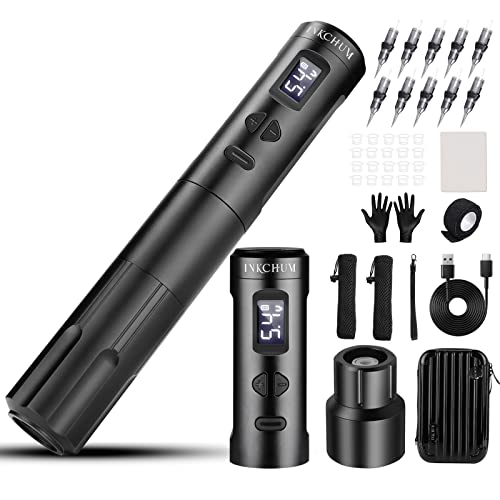 INKCHUM Wireless tiwttuo Maschine Set mit 2 Batterien,Übungsfelle, Becher und Handschuhe,10W Motor OLED Display-Ausrüstung für Profis und Anfänger Rotations Permanent Make Up Maschine Anfänger
